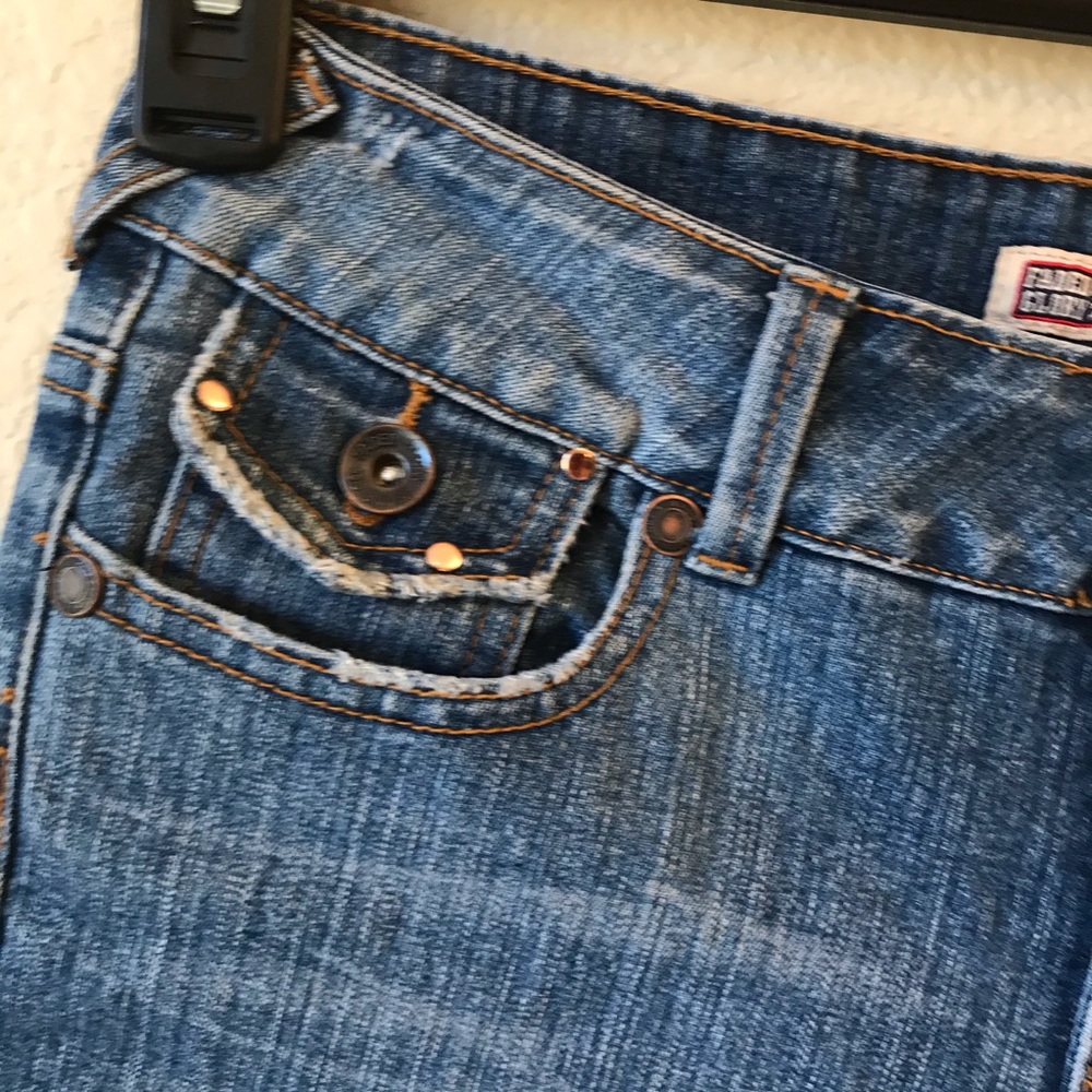 Faded Glory Denim Blue Jeans Womens Size 4 Capris Embellished Bling Painted - Picture 6 of 13